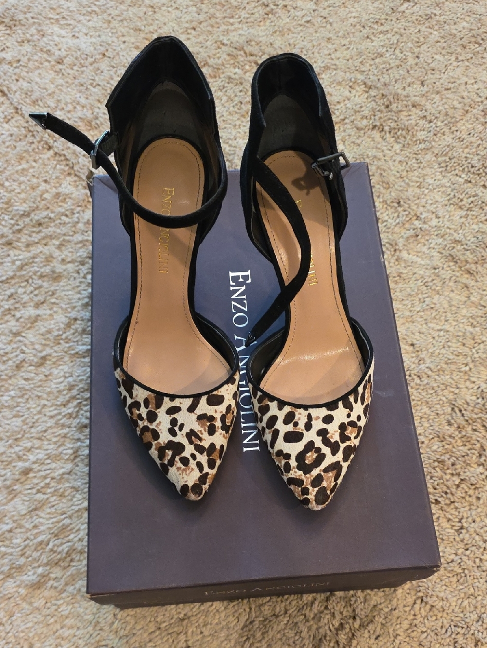 Enzo Angiolini Black & Leopard Print Pointed D'Orsay Ankle-Strap Heels